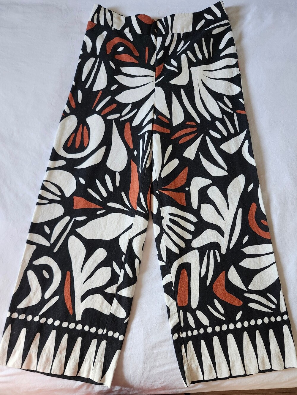 Linen Wide Leg Printed Pants - Black, White & Rust